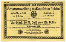 DEUTSCHES REICH BIS 1945, Wertbeständiges Notgeld, 1923, 4,20 Mark Gold =1 Dollar 02.09.1935, KN 6-stellig, FZ.P.
III+
Ros.151c; Grab.WBN-9c