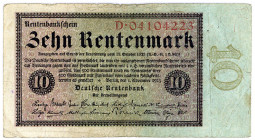 DEUTSCHES REICH BIS 1945, Ausgaben der Deutschen Rentenbank, 1923-1937, 10 Rentenmark 01.11.1923, Serie D.
III-
Ros.157; Grab.DEU-202