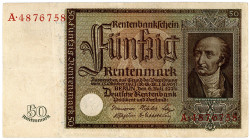 DEUTSCHES REICH BIS 1945, Ausgaben der Deutschen Rentenbank, 1923-1937, 50 Rentenmark 06.07.1934, Serie A.
II-III
Ros.165; Grab.DEU-221