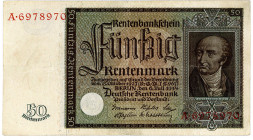 DEUTSCHES REICH BIS 1945, Ausgaben der Deutschen Rentenbank, 1923-1937, 50 Rentenmark 06.07.1934, Serie A.
III
Ros.165; Grab.DEU-221