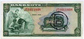 BUNDESREPUBLIK DEUTSCHLAND AB 1948, Noten der Bank Deutscher Länder, 1948-1949, 20 Deutsche Mark 1948, mit B-Stempel.
II
Ros.241a; Grab.WBZ-18a