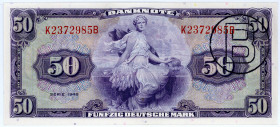 BUNDESREPUBLIK DEUTSCHLAND AB 1948, Noten der Bank Deutscher Länder, 1948-1949, 50 Deutsche Mark 1948, mit B-Stempel. KN-Nr.K2372985B.
I
Ros.243a; G...