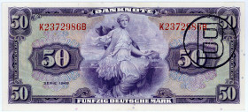 BUNDESREPUBLIK DEUTSCHLAND AB 1948, Noten der Bank Deutscher Länder, 1948-1949, 50 Deutsche Mark 1948, mit B-Stempel. KN-Nr.K2372986B.
I
Ros.243a; G...