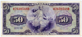 BUNDESREPUBLIK DEUTSCHLAND AB 1948, Noten der Bank Deutscher Länder, 1948-1949, 50 Deutsche Mark 1948, mit B-Stempel.
II-III
Ros.243a; Grab.WBZ-19a
