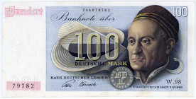 BUNDESREPUBLIK DEUTSCHLAND AB 1948, Noten der Bank Deutscher Länder, 1948-1949, 100 Deutsche Mark 09.12.1948, 2-stellige Blockziffer.
I
Ros.256; Gra...
