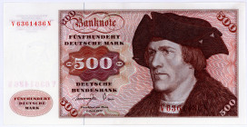 BUNDESREPUBLIK DEUTSCHLAND AB 1948, Noten der Deutschen Bundesbank, 1960-1999, 500 Deutsche Mark 01.06.1977, Serie V/N. Leichter Mittelbug, ansonsten ...