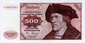 BUNDESREPUBLIK DEUTSCHLAND AB 1948, Noten der Deutschen Bundesbank, 1960-1999, 500 Deutsche Mark 02.01.1980, Serie V/S.
III+
Ros.290a; Grab.BRD-34a