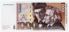 BUNDESREPUBLIK DEUTSCHLAND AB 1948, Noten der Deutschen Bundesbank, 1960-1999, 1000 DM 01.08.1991, YA/A Austauschnote Bundesdruckerei.
I
Ros.302b; G...