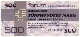 DEUTSCHE DEMOKRATISCHE REPUBLIK, 1948-1989, Schecks der Forum Außenhandelsgesellschaft, 1979, 500 Mark 1979, mit Perforation "SPECIMEN", AA 000000.
I...