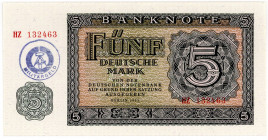 DEUTSCHE DEMOKRATISCHE REPUBLIK, 1948-1989, Militärgeld der Nationalen Volksarmee, 5 Deutsche Mark 1955, Militärgeld, Handstempel, Serie HZ.
I
Ros.3...