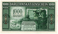 MILITÄR- UND BESATZUNGSAUSGABEN DES I. WELTKRIEGS, Besatzungsausgaben in Russland, 1916-1918, Darlehenskasse Ost, Kowno. 1000 Mark 04.04.1918. KN 6-st...