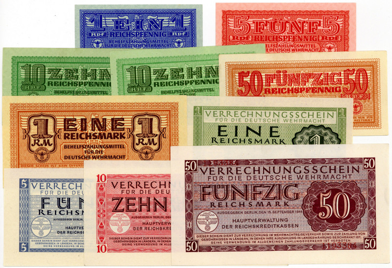 WEHRMACHTSAUSGABEN DES II. WELTKRIEGS, Behelfszahlungsmittel, 1, 5, 2x 10, 50 Re...