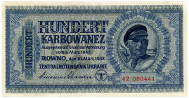 BESATZUNGSAUSGABEN DES II. WELTKRIEGS, Besatzungsausgaben der UdSSR, 1941/1942, Zentralnotenbank Ukraine. 100 Karbowanez 10.03.1942, KN 6-stellig.
I...