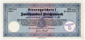 PAPIERGELDÄHNLICHE DEUTSCHE WERTPAPIERE UND GUTSCHEINE, Steuergutscheine, 200 Reichsmark 24.März 1939. Einlösbar ab Januar 1940, rechts mit Stempel.
...