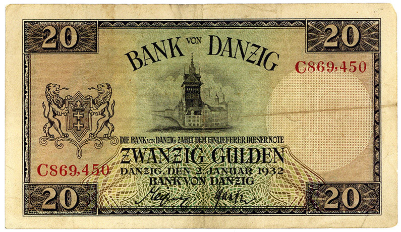 NEBENGEBIETE, Danzig, 1914-1938, 20 Gulden 02.01.1932, Serie C.
III
Ros.842a; ...