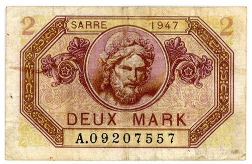 NEBENGEBIETE, Saarland, 1920-1948, Saarmark-Noten. 2 Mark 1947.
III-
Ros.868; ...
