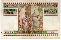 NEBENGEBIETE, Saarland, 1920-1948, Saarmark-Noten. 10 Mark 1947.
Min.Einriss l., III
Ros.871; Grab.SAR-12