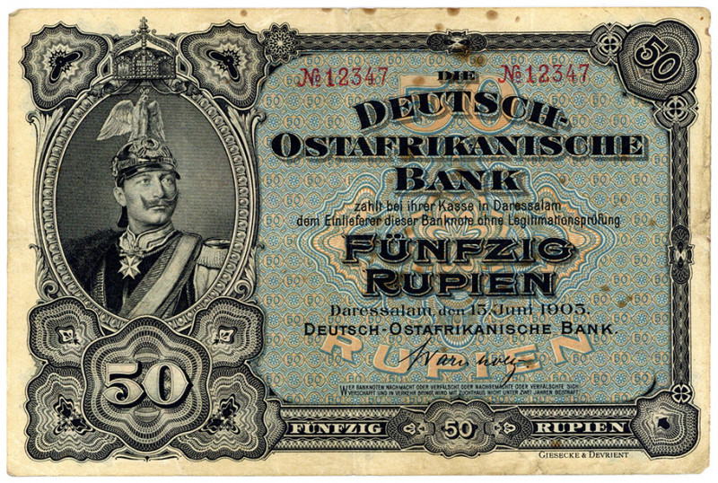 DEUTSCHE KOLONIEN, Deutsch-Ost-Afrika, 1905-1917, 50 Rupien 15.06.1905, Friedens...