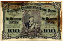 DEUTSCHE KOLONIEN, Deutsch-Ost-Afrika, 1905-1917, 100 Rupien 15.6.1905. Kaiser Wilhelm II. in Gardes du Corps. KN 4-stellig 4172. Papier fleckig, anso...