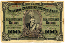 DEUTSCHE KOLONIEN, Deutsch-Ost-Afrika, 1905-1917, 100 Rupien 15.6.1905. Kaiser Wilhelm II. in Gardes du Corps. KN 4-stellig 0282. Papier fleckig sonst...