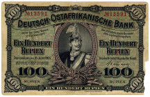 DEUTSCHE KOLONIEN, Deutsch-Ost-Afrika, 1905-1917, 100 Rupien 15.6.1905. Kaiser Wilhelm II. in Gardes du Corps. KN 5-stellig 13591, Rand-Abriss, sonst ...