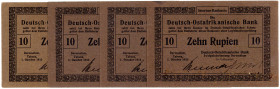 DEUTSCHE KOLONIEN, Deutsch-Ost-Afrika, 1905-1917, Lot 4x 10 Rupie 01.10.1915 C, Interims-Banknote ohne Serienbuchstabe. 3xErh I/1x Erh.I-.
I/I-
Ros....