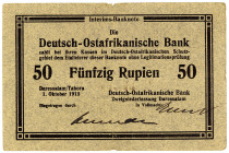 DEUTSCHE KOLONIEN, Deutsch-Ost-Afrika, 1905-1917, 50 Rupien 01.10.1915, Interimsbanknote. Ohne Serie, Karton weich und grau, Rs.Geheimzeichen "Wert"....