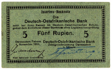 DEUTSCHE KOLONIEN, Deutsch-Ost-Afrika, 1905-1917, 5 Rupien 01.11.1915, Interims-Banknote. Serie D, Karton dunkelgrau mit blauen Fasern, ohne DOAB, Unt...