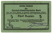 DEUTSCHE KOLONIEN, Deutsch-Ost-Afrika, 1905-1917, 5 Rupien 01.11.1915, Interims-Banknote. Serie E, Karton graugrün glatt, ohne DOAB.
I
Ros.921e; Gra...