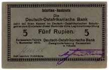 DEUTSCHE KOLONIEN, Deutsch-Ost-Afrika, 1905-1917, 5 Rupien 01.11.1915, Interims-Banknote. Serie F, Karton graugrün ohne DOAB.
I
Ros.921g; Grab.DOA-2...