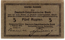 DEUTSCHE KOLONIEN, Deutsch-Ost-Afrika, 1905-1917, 5 Rupien 01.02.1916, Interims-Banknote. Serie F, Karton grau bis blaugrau, feine Leinenpressung, Zwe...