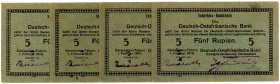 DEUTSCHE KOLONIEN, Deutsch-Ost-Afrika, 1905-1917, 4x 5 Rupien 01.02.1916, Interims-Banknote, Serie F, Karton grün ohne Textilstruktur, Faks-Uschr. vio...