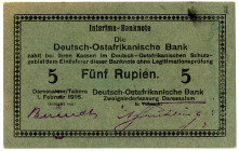 DEUTSCHE KOLONIEN, Deutsch-Ost-Afrika, 1905-1917, 5 Rupien 01.02.1916, Interims-Banknote. Serie F, Karton grün ohne Textilstruktur, Zwei Faks.-Uschr. ...