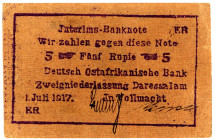 DEUTSCHE KOLONIEN, Deutsch-Ost-Afrika, 1905-1917, 5 Rupien 01.07.1917, "Buschnote". Reihe ER, Druck Vs. violett WZ 5mm.
I-
Ros.937c; Grab.DOA-39c