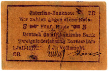 DEUTSCHE KOLONIEN, Deutsch-Ost-Afrika, 1905-1917, 5 Rupien 01.07.1917, "Buschnote". Reihe ER, Druck Vs. violett WZ 5mm.
I-
Ros.937c; Grab.DOA-39c