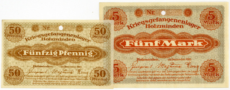 GEFANGENENLAGER, Holzminden, Kriegsgefangenenlager. 50 Pfennig, 5 Mark Dez.1916,...