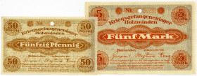 GEFANGENENLAGER, Holzminden, Kriegsgefangenenlager. 50 Pfennig, 5 Mark Dez.1916, je ohne KN, 1x gelocht.
I
Ti.384