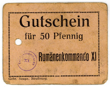 GEFANGENENLAGER, Straßburg, Rumänenkommando XI. Gutschein 50 Pfennig o.D., XI oh...