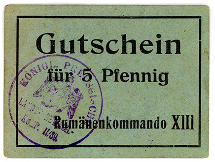 GEFANGENENLAGER, Straßburg, Rumänenkommando XIII. Gutschein 5 Pfennig o.D., XIII...
