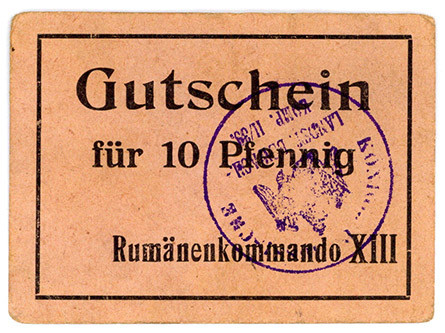 GEFANGENENLAGER, Straßburg, Rumänenkommando XIII. Gutschein 10 Pfennig o.D., XII...