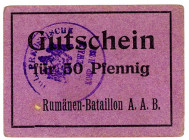 GEFANGENENLAGER, Straßburg, Rumänenkommando A.A.B. Gutschein 50 Pfennig o.D., 3.Zeile =45 mm.
I-
KGL 760.35; .03