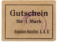 GEFANGENENLAGER, Straßburg, Rumänenkommando A.A.B. Gutschein 1 Mark o.D., 3.Zeile =45mm.
I-
KGL 760.35; .04