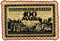 NOTGELD BESONDERER ART, Bielefeld, 100 Mark 15.07.1920, Seide blaßgelb, Rs.Kurbelstickerei, äußere Zackenlinie orange, innere gelb.
I
Gra.34b