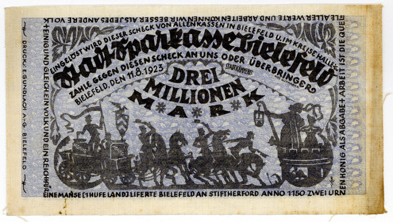NOTGELD BESONDERER ART, Bielefeld, 3 Millionen Mark 11.08.1923, Leinen. Rand ver...