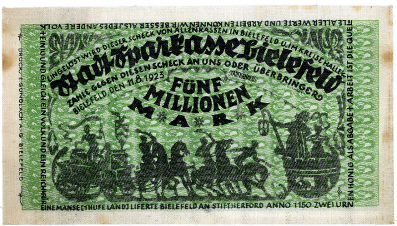 NOTGELD BESONDERER ART, Bielefeld, 5 Millionen Mark 11.08.1923, Leinen. Etwas fl...