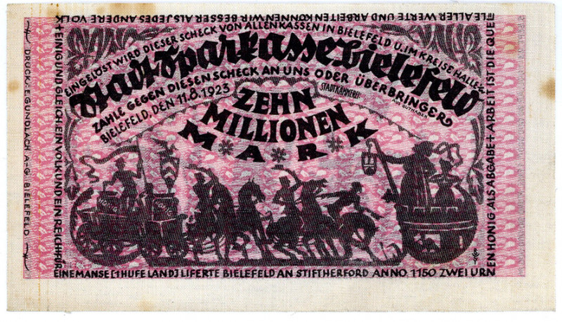 NOTGELD BESONDERER ART, Bielefeld, 10 Millionen Mark 11.08.1923, Leinen. Etwas f...