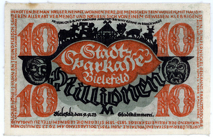 NOTGELD BESONDERER ART, Bielefeld, 10 Millionen Mark 09.09.1923, Leinen. Etwas f...