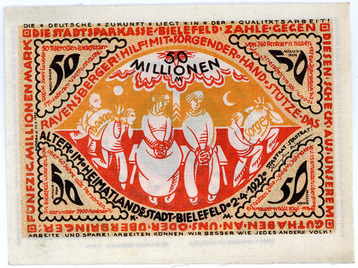 NOTGELD BESONDERER ART, Bielefeld, 50 Millionen Mark 02.04.1922, Leinen.
I
Gra...