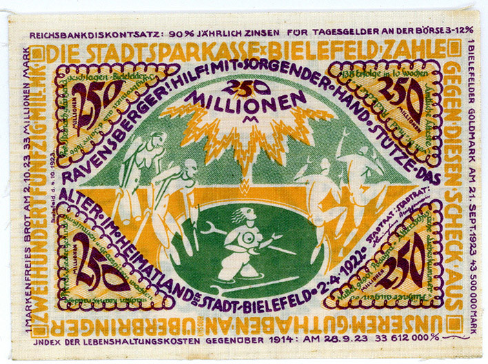 NOTGELD BESONDERER ART, Bielefeld, 250 Millionen Mark 02.04.1922, Leinen.
I
Gr...