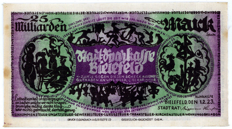 NOTGELD BESONDERER ART, Bielefeld, 25 Milliarden Mark 01.02.1923, Leinen. Etw. f...